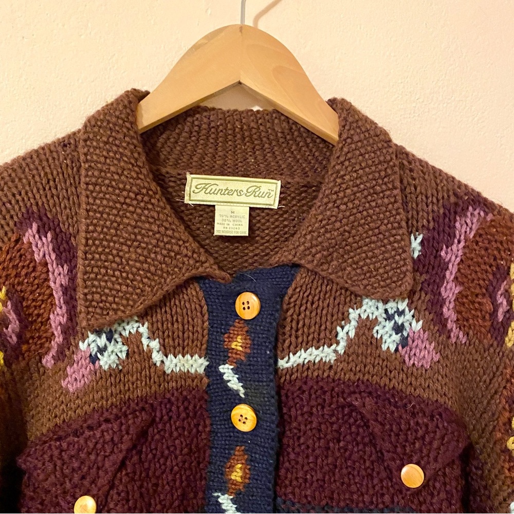 Vintage chunky multi color pattern collared cardigan Medium - Picture 2 of 11